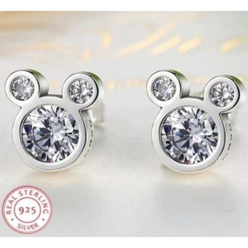 Minnie Mouse Ears Stud Earrings Clear CZ Silver Tone Theme Park Jewelry NEW